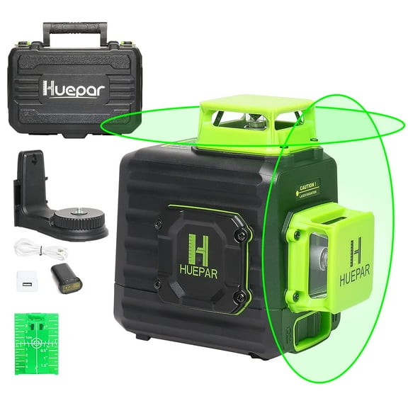 Huepar 2 x 360 Cross Line Laser Level Green Beam Self-leveling Laser Level Tools with Li-ion Battery, Type-C Charging Port and Hard Carry Case