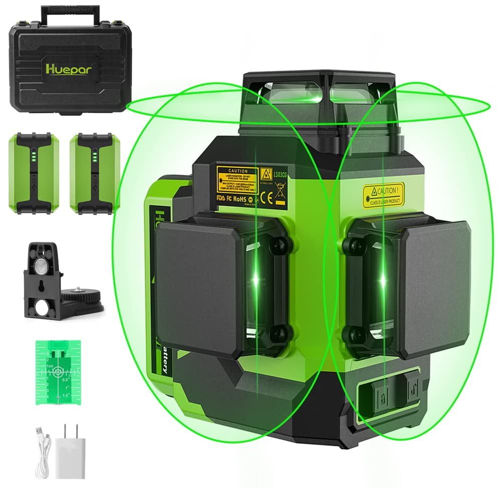 Huepar 3 x 360 Degree Laser Level 3D Outdoor Green Beam Cross Line Self