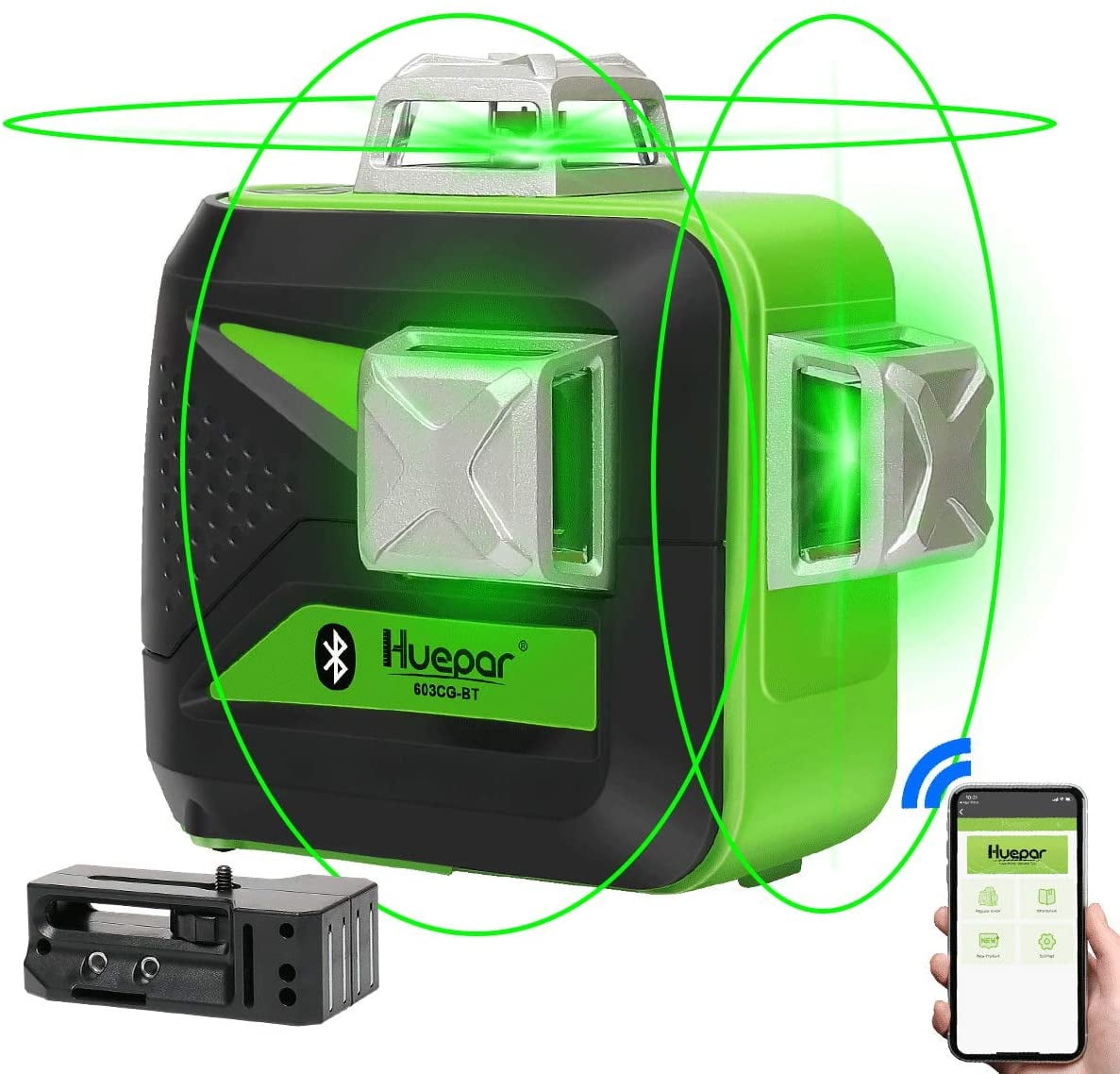 Huepar 3 x 360° Self-Leveling Laser Level 3D Green Beam Cross Line Laser  Level Tools with Bluetooth 603CG-BT 