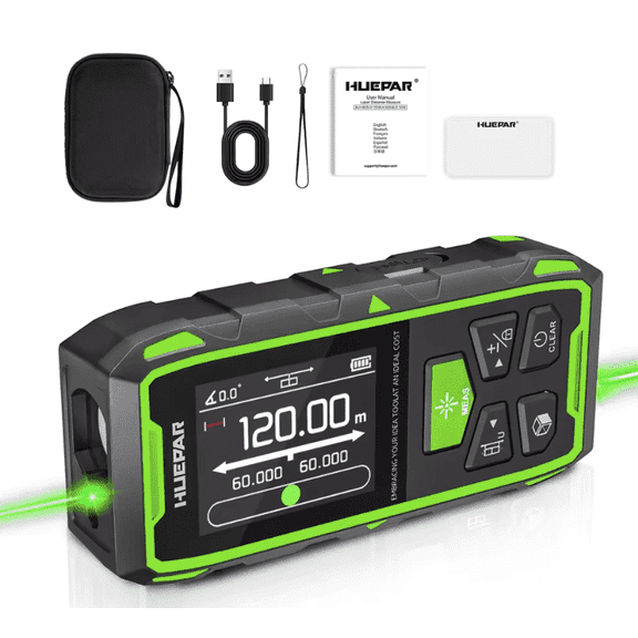 Huepar 393Ft Dual Green Laser Distance Measure, Rechargeable Digital Tool, LCD Backlit, 6 Units (Ft/In/M), Length/Area/Volume/Angle Sensor