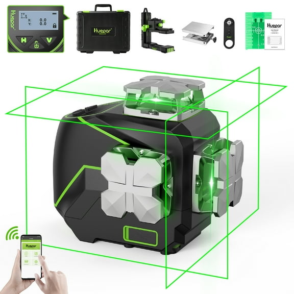 Huepar 3D 12 Lines Self-Leveling Laser Level 3 x 360 Green Beam Cross Line Lasers Level Tools with LCD Screen and Bluetooth