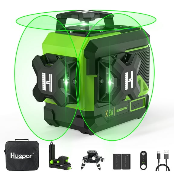 Huepar 3D 12 Lines Self-leveling Laser Level, Green Beam Cross Line Laser Levels Tool with 2 Li-ion Batteries, Remote Control and 360 Magnetic Pivoting Base