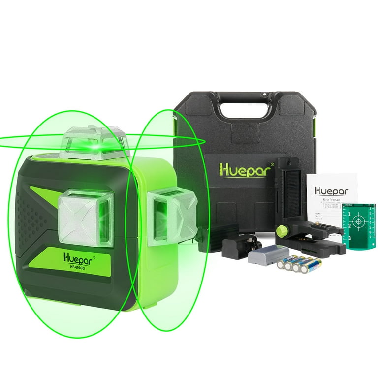 Huepar 3D Cross Line Laser Level 3 x 360 Green Beam Self Leveling Laser Leveler with Hard Carry Case Laser Tool Kit 603CG H