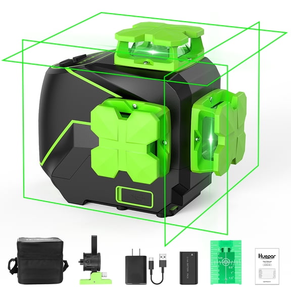 Huepar 3D Cross Line Laser Level 3 x 360 Green Beam Self-leveling Laser Level Tools with Li-ion Battery and Magnetic Pivoting Base