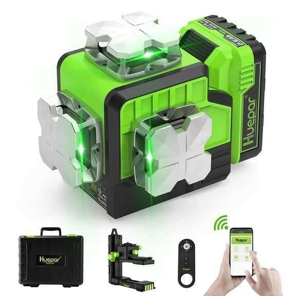 Huepar 3D 12 Lines Self-Leveling Laser Level Green Beam 3 x 360 Cross Line Laser Level Tools with Bluetooth and Remote Control