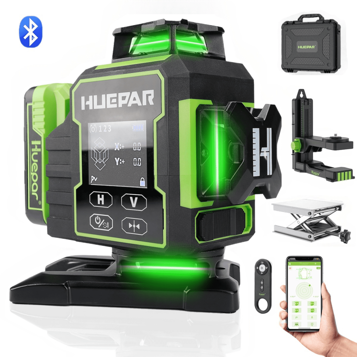 Huepar 4×360°Self-Leveling Laser Level with Backlit LCD Screen Remote Control Outdoor Pulse Mode Laser Tool with Bluetooth