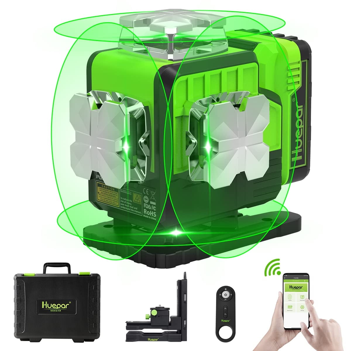 Huepar 3x360° Cross Lines 3D Bluetooth Connectivity Green Beam  Self-Leveling Laser Level with Li-ion Battery & Hard Carry Case - AliExpress