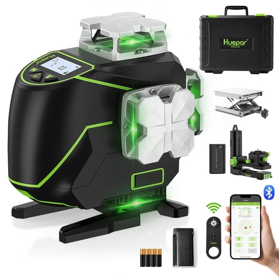 Huepar 4D 16 Lines Cross Line Laser Level 4 x 360 Green Beam Self-Leveling Lasers Level Tools with LCD Screen and Bluetooth