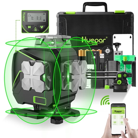 Huepar 4D 16 Lines Cross Line Laser Level 4 x 360 Green Beam Self-Leveling Lasers Level Tools with LCD Screen and Bluetooth