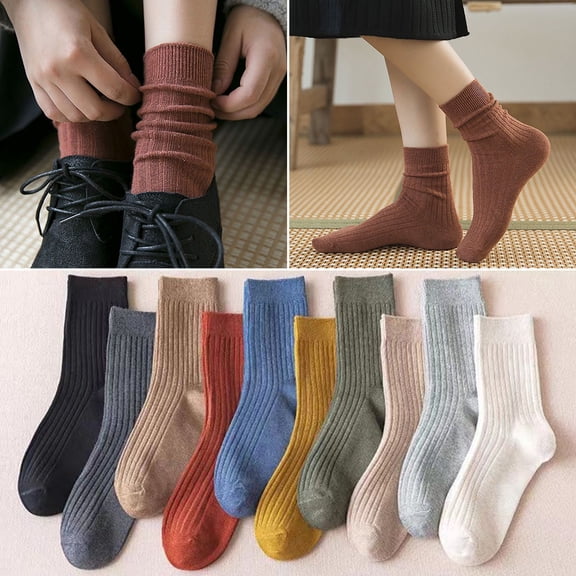 Huepoe 10 Pairs Winter Socks Women Thick Plush Mid-Crew Anti-Slip Warm Sleeping Socks High Elastic Heart Embroidery