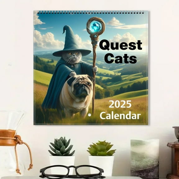 Huepoe 2025 Weird Medieval Quest Cats Wall Calendar - 12 Month Fantasy Cat Art Hanging Planner for Home, Office, D&D Lovers (8.5"x17")