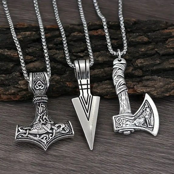 Huepoe 3Pcs Viking Necklace Viking Hammer Spearhead Ax Necklace Nordic Pendant Jewelry Amulet Talisman Gift for Men Women