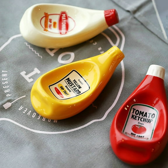 Huepoe Funny Tomato Ketchup Bottle-Shaped Ceramic Dipping Bowl - 11cm Sauce Dish for Home, Kitchen, Party Decor (Red, White, Yellow)