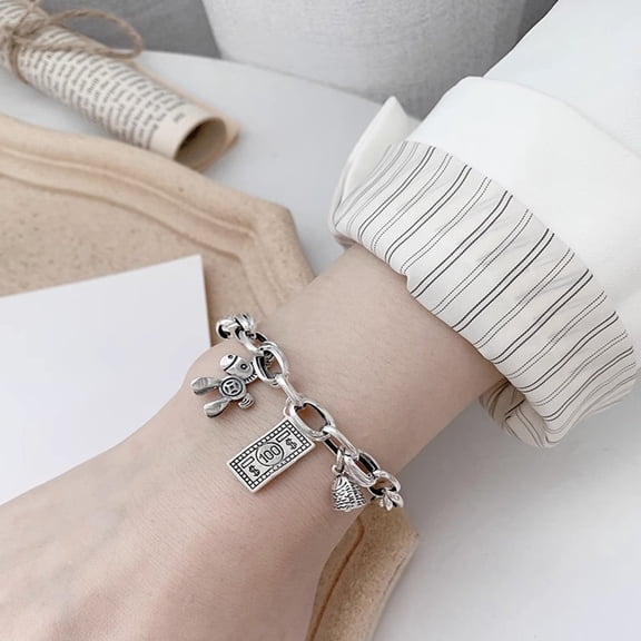 Huepoe Good Fortune Bracelet Retro Style Thick Chain Copper Money Pendant Symbol of Wealth Wrist Jewelry for Daily Wear Holiday Gift for Friends