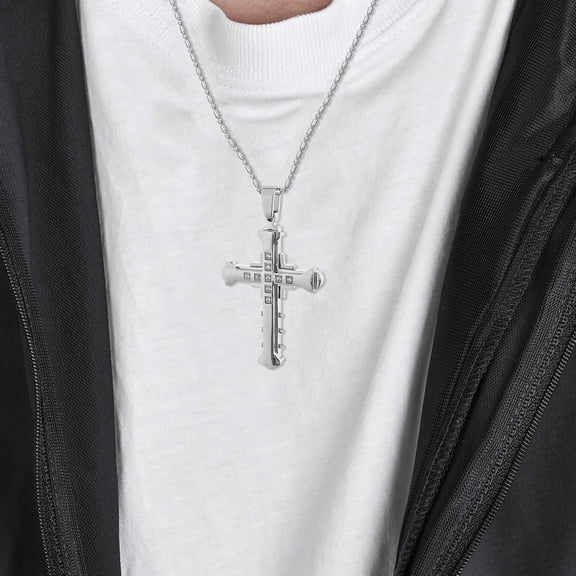 Huepoe Men Necklace Shiny Rhinestones Cross Pendant Bamboo Chain Necklace Smooth Appearance Necklace Jewelry Gift