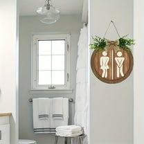 Huepoe Rustic Wooden Gender Tag Toilet Laundry Room Sign with Bowknot & Faux Leaves, Farmhouse Bathroom Decor (9.06" x 9.06")