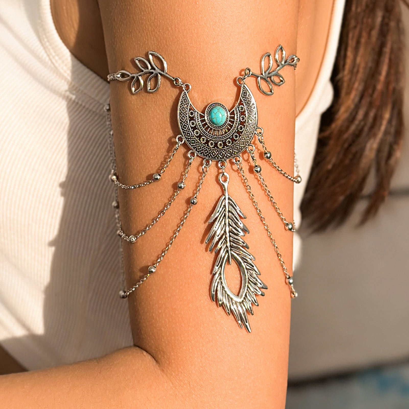 The Temptress Brass Arm Cuff, Turquoise Feather Arm Band, Snake Armlet, Festival, Gypsy, Boho