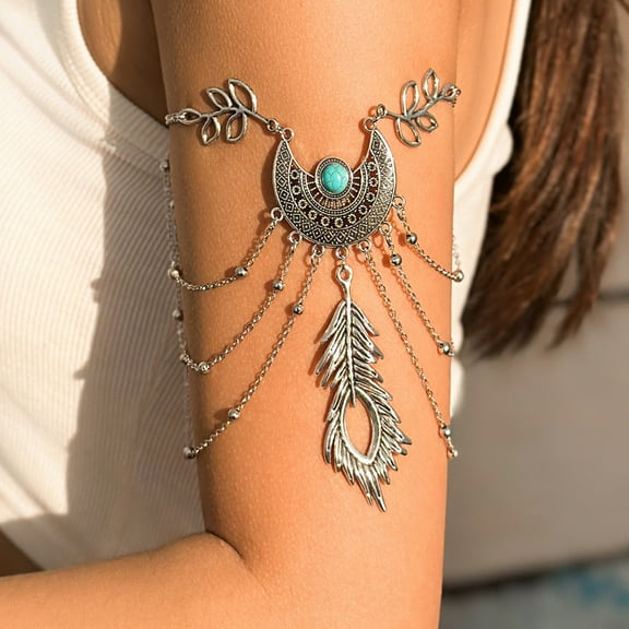 Huepoe Women Arm Chain Feather Shape Bohemian Retro Leaf Tassel Faux Turquoise Beach Party Wedding Jewelry Accessory Arm Bracelet
