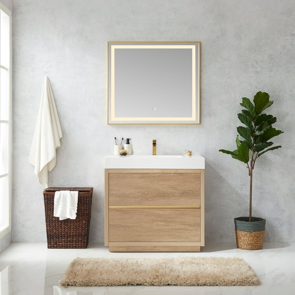 Huesca 36" Single Sink Bathroom Vanity Natural Oak Wood White Top No Mirror