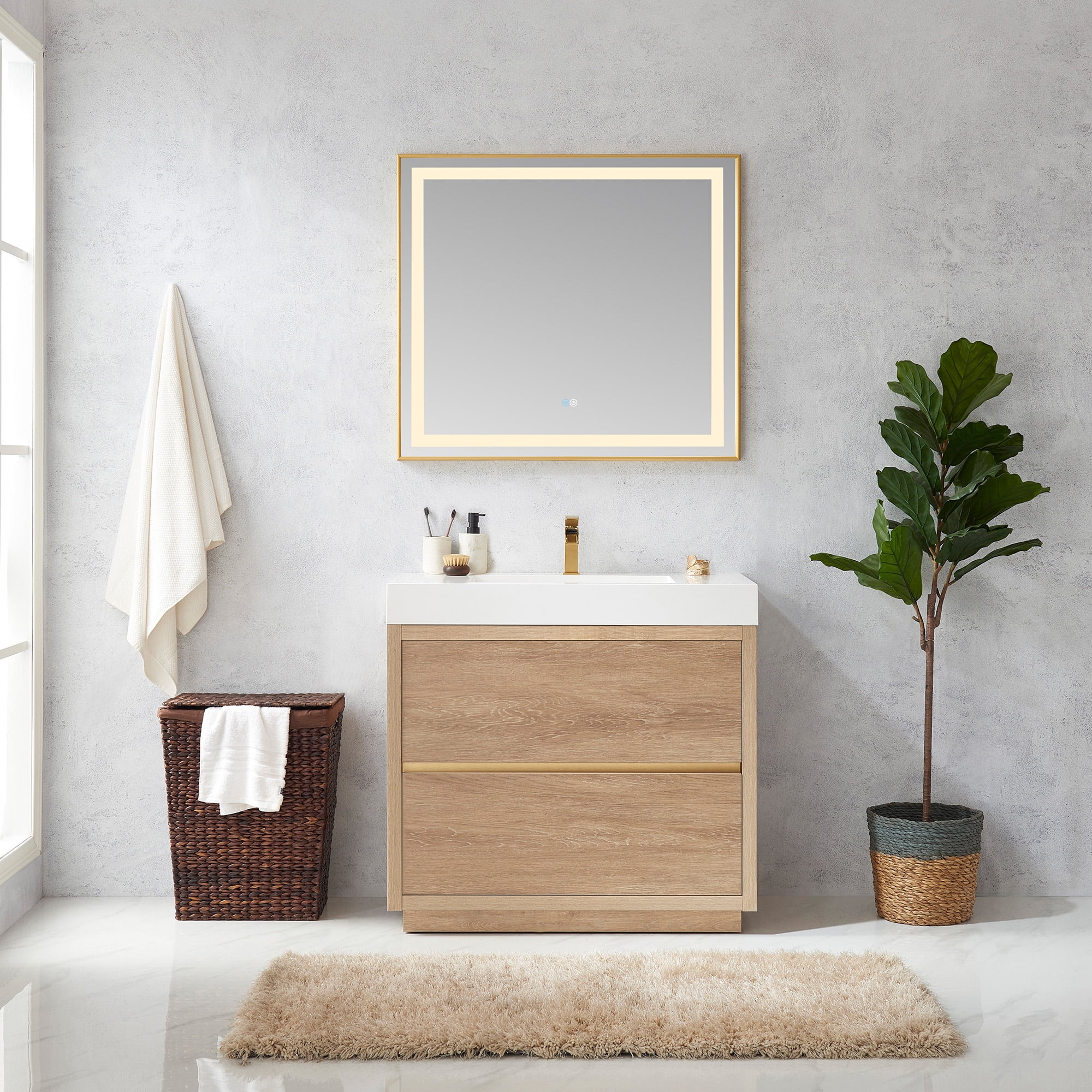 Huesca 36" Single Sink Bathroom Vanity Natural Oak Wood White Top With Mirror