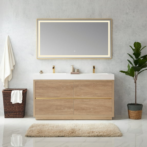 Huesca 60" Double Sink Bathroom Vanity Natural Oak Wood White Top No Mirror
