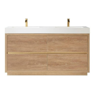Huesca 60" Double Sink Bathroom Vanity Natural Oak Wood White Top No Mirror