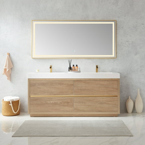 Huesca 72" Double Sink Bathroom Vanity Natural Oak Wood White Top No Mirror
