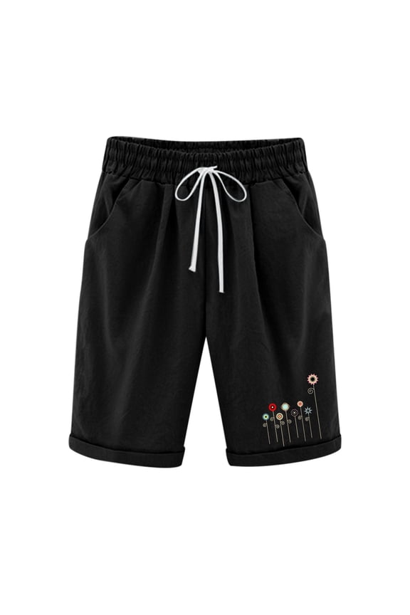 2024 Women's Casual Summer Bermuda Shorts Drawstring Elastic Waist Long Linen Walk Short Knee Length with Pockets Athletic Jogger Workout Shorts(Black,L)