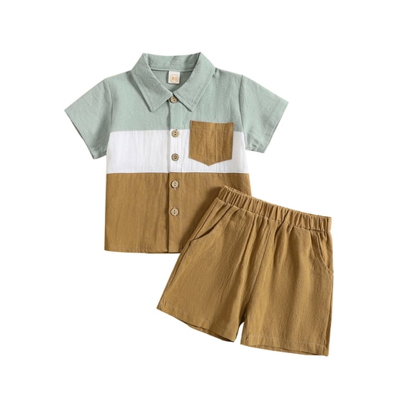 Huesdet Baby Boy Cotton Linen Shorts Set Solid Color Short Sleeve Button Up T-Shirt Tops and Shorts Summer Outfit Clothes(Brown,18-24 Months)
