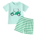thumbnail image 1 of Huesdet Baby Boy Summer Clothes Set - Short Sleeve Letter T-Shirt and Stretch Shorts Toddler Outfit(Sky Blue,2-3 Years), 1 of 3