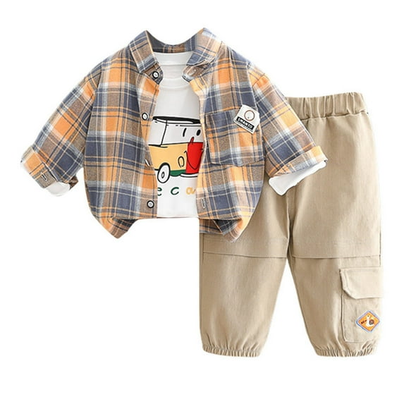 Huesdet Baby Boys Plaid Jacket Outfit Comfortable Cotton T-Shirt Long-Sleeved Bottom Blouse Jeans 3-Piece Set for Toddler Kids(Yellow,3-4 Y)
