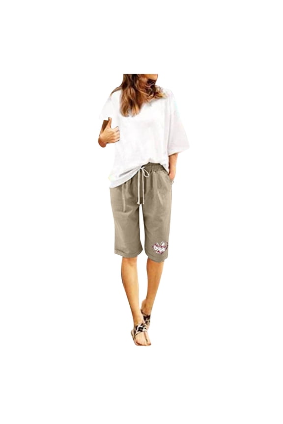 Bermuda Shorts for Women 2024 Summer Casual Knee Length Beach Drawstring Shorts Loose Cute Vacation Wear Fashion Clothes(Khaki,L)