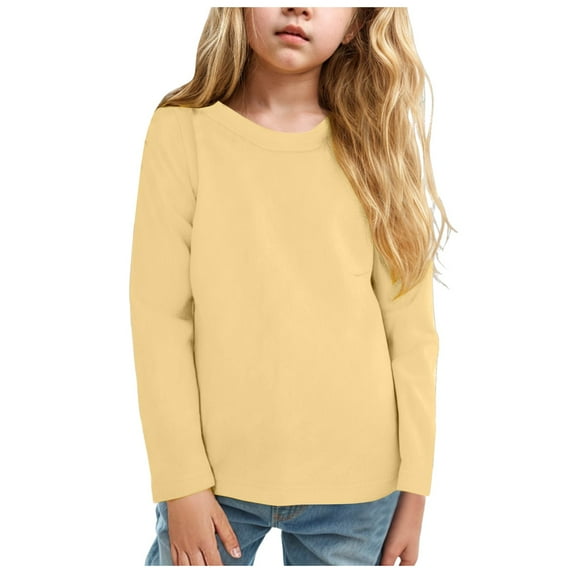 Huesdet Boys Long Sleeve Shirts Boy Girls Cotton Crew Neck Basic Long Sleeve Tees Soft Kids Long Sleeve T-Shirts Top(Light Yellow,9-10 Y)
