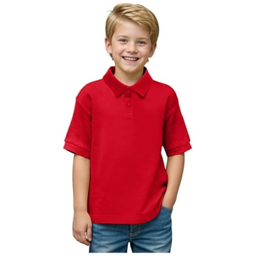 Huesdet Boys School Uniform Short Sleeve Polo Shirt, Button Closure - Comfortable and Soft Pique Fabric(Red,3-4 Years)