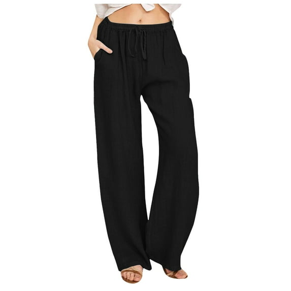 Huesdet Cotton Linen Pants Women Summer Drawstring High Waisted Palazzo Pants Casual Loose Wide Leg Yoga Pants with Pockets(Black,3XL)