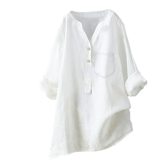 Huesdet Cotton Linen Shirts for Women 2024 Buttons Long Sleeve Tops Trendy Dressy Blouses Loose Comfy Tunic Tops with Pocket(White,M)