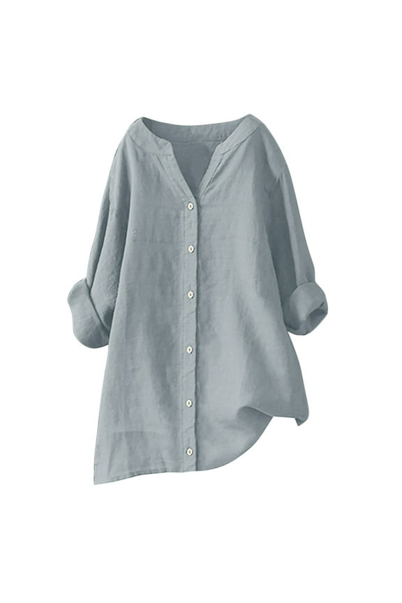 Cotton Linen Shirts for Women 2024 Buttons V Neck Long Sleeve Tops Trendy Dressy Blouses Casual Loose Comfy Tunic Clothes(Grey,3XL)