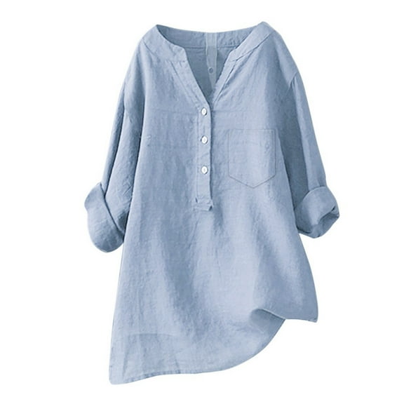 Huesdet Cotton Linen Shirts for Women 2024 Buttons V Neck Long Sleeve Tops Trendy Dressy Blouses Casual Loose Tunic Tops(Light Blue,5XL)