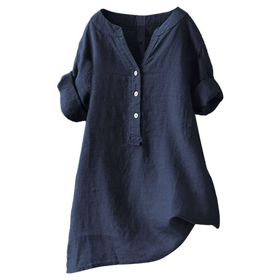 Huesdet Cotton Linen Shirts for Women Button Down Blouse Summer Solid Rolled 3/4 Sleeve V Neck Casual T-Shirt Plus Size Batwing Tops(Navy,M)