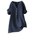 thumbnail image 1 of Huesdet Cotton Linen Shirts for Women Button Down Blouse Summer Solid Rolled 3/4 Sleeve V Neck Casual T-Shirt Plus Size Batwing Tops(Navy,XXL), 1 of 3