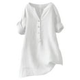 thumbnail image 1 of Huesdet Cotton Linen Shirts for Women Button Down Blouse Summer Solid Rolled 3/4 Sleeve V Neck Casual T-Shirt Plus Size Batwing Tops(White,4XL), 1 of 3