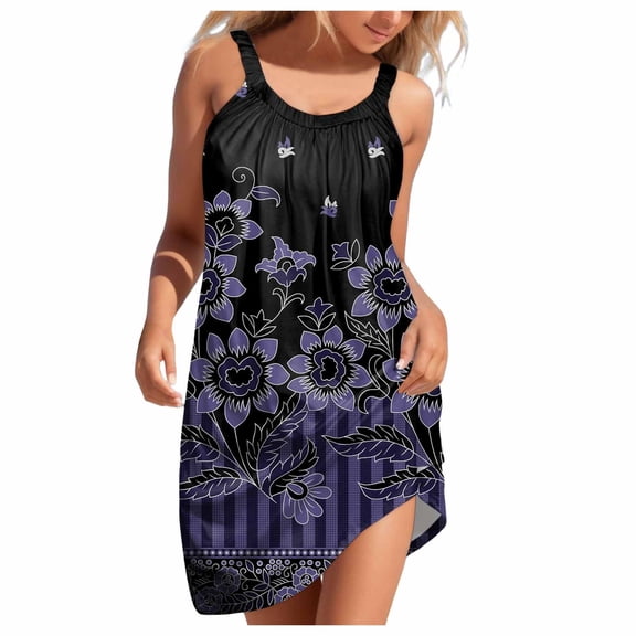 Huesdet Floral Printed Summer A-Line Elegant Dresses Womens Vintage Sleeveless Crew Neck Beach Sundress Ladies Casual Loose Boho Dress(Purple,S)