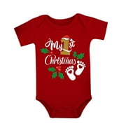 Gibobby Baby Boy Girl My First Christmas Romper Infant Newborn Reindeer Bodysuits Short Sleeve Jumpsuit Xmas(Watermelon Red,6-9 Months)