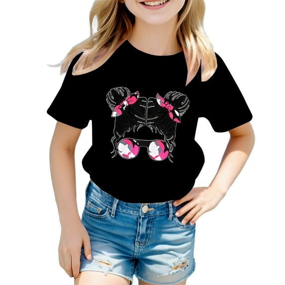 Huesdet Girls Toddlers' Short-Sleeve Graphic T-Shirts Crewneck Kids Tee Tops Girl Clothes Outifit(Black,7-8 Years)