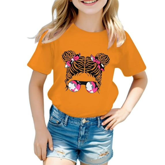 Huesdet Girls Toddlers' Short-Sleeve Graphic T-Shirts Crewneck Kids Tee Tops Girl Clothes Outifit(Orange,7-8 Years)