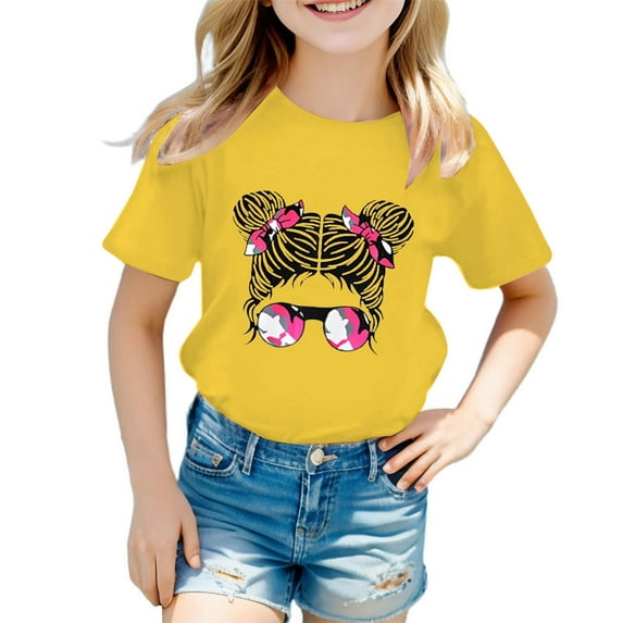Huesdet Girls Toddlers' Short-Sleeve Graphic T-Shirts Crewneck Kids Tee Tops Girl Clothes Outifit(Yellow,5-6 Years)