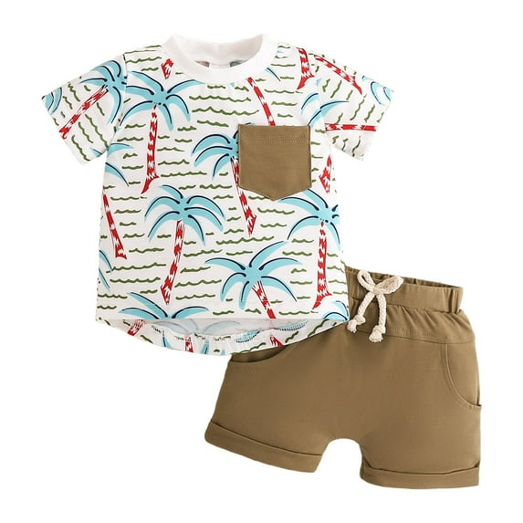 Huesdet Toddler Summer Outfit Short Sleeve Solid Color T-Shirt and Pocket Shorts Set Cute and Comfortable Baby Boy Clothes for Summer Playtime(Brown,6-12 Months)