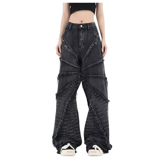 Huesdet Jeans for Women Wide Straight Leg Baggy Jeans Y2k Vintage Boyfriend Denim Pants Streetwear(Black,XXL)