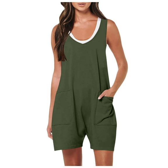 Huesdet Jumpsuits for Women Casual Summer Rompers Sleeveless Loose Spaghetti Strap Shorts Overalls Jumpers with Pockets(Green,XL)