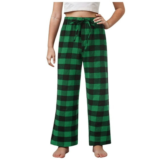 Huesdet Kids Fleece Pajamas Plaid Pants Boys Pajama Plush Pajama Pants for Girls Fleece PJs Long Sleep Plaid Pants with Pockets(Green,10-11 Years)